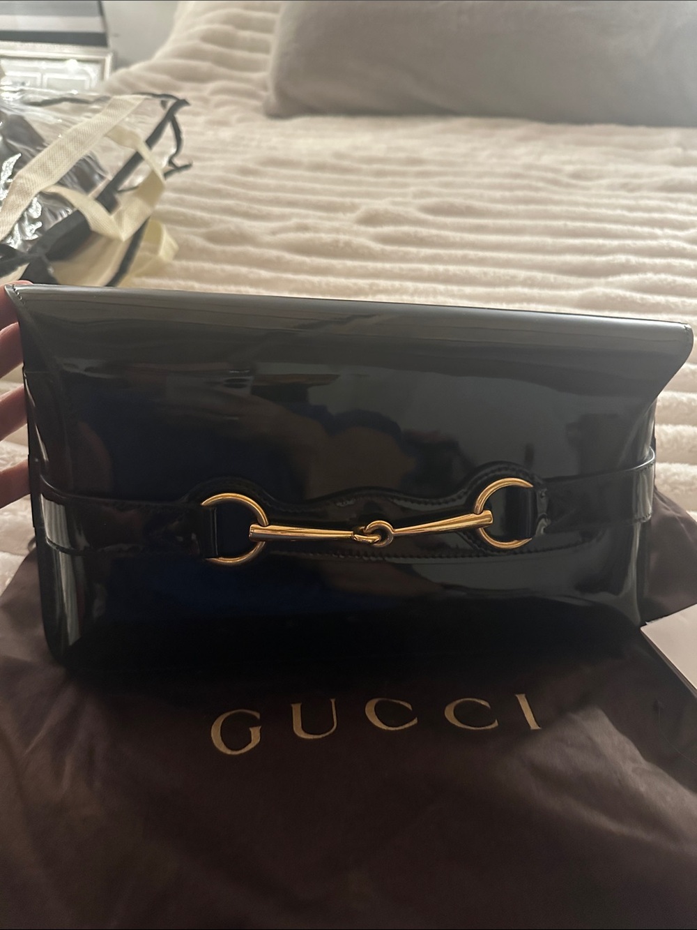 Gucci Black Patent Leather Horsebit Clutch With Gold Hardware